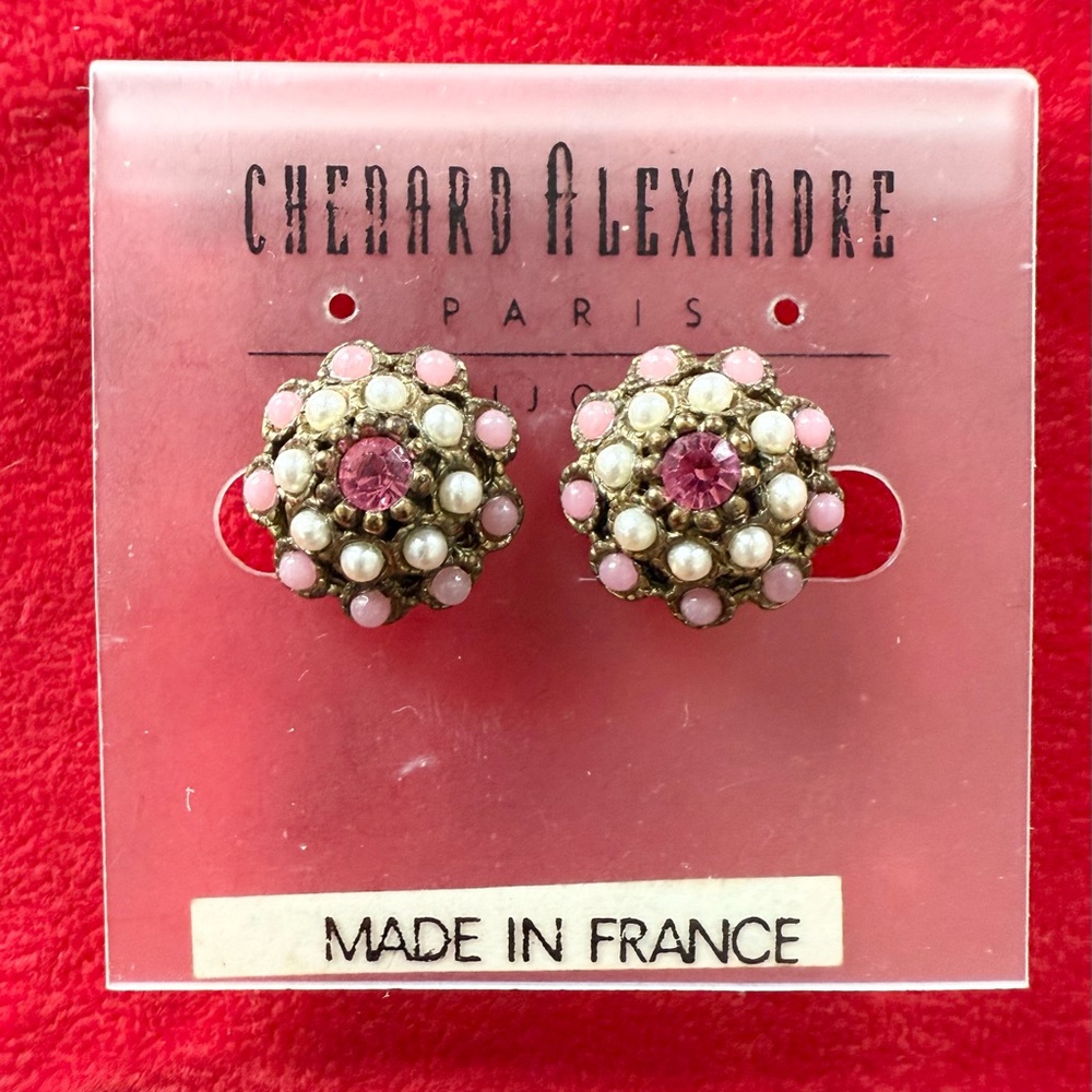 New CHENARD ALEXANDRE PARIS Pink Crystals with White & Pink Beads Earrings